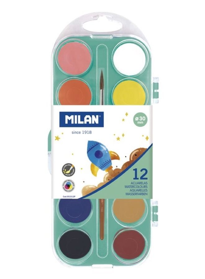 MILAN Set Of 12 Opaque Watercolour Tablets Ø 30 Mm With Brush